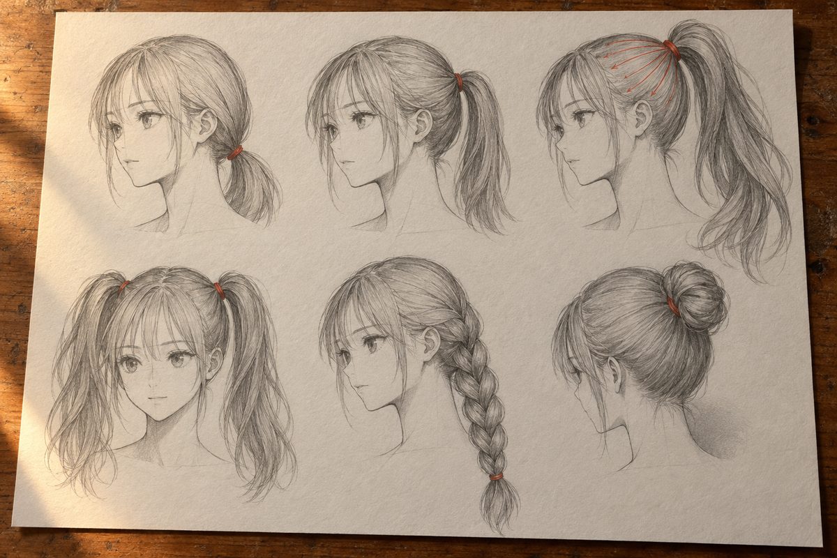 Six études de la même tête manga avec six coiffures attachées : queue basse, moyenne, haute, couettes, tresse et chignon, avec les lignes de flux convergeant vers le point d'attache marqué en rouge