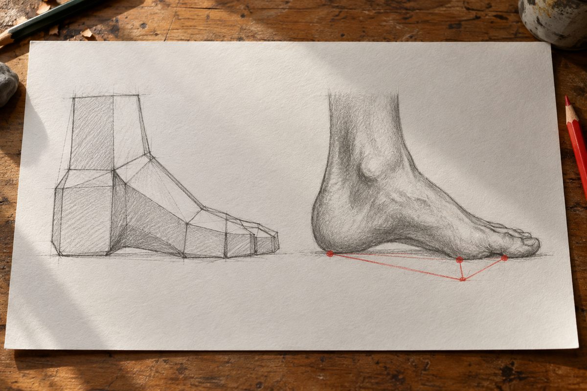 À gauche un pied construit en blocs simples, talon épais puis pont de la voûte puis coin de l'avant-pied ; à droite le même pied fini, avec les trois points d'appui au sol reliés par un triangle rouge