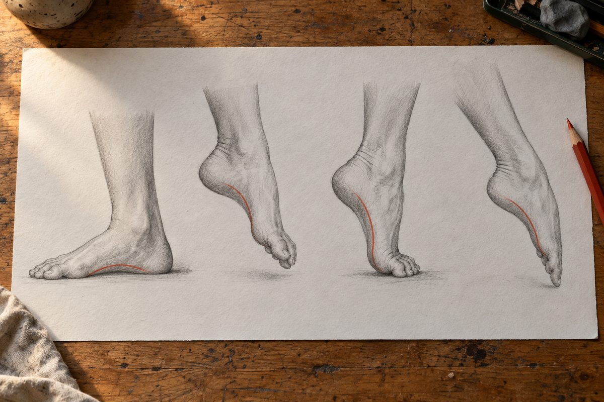 Quatre études du même pied nu de profil : posé au sol avec les orteils écrasés, détendu en l'air avec les orteils recourbés, sur la pointe avec le talon haut, et entièrement tendu en une longue ligne, la voûte tracée en rouge sur chacun