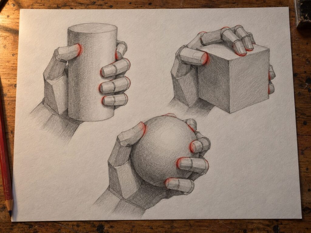 Trois mains construites en blocs qui tiennent un cylindre, un cube et une sphere, les points de contact marques en rouge et les doigts enroules a des profondeurs differentes