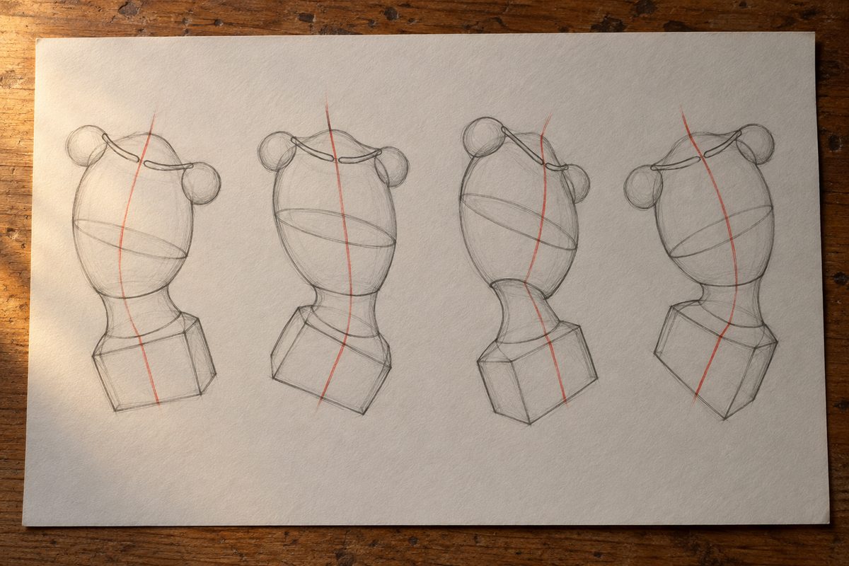 Quatre constructions de torse faites de deux volumes seulement : une cage thoracique en oeuf et une boite de bassin, leurs axes traces en rouge et decales differemment a chaque fois