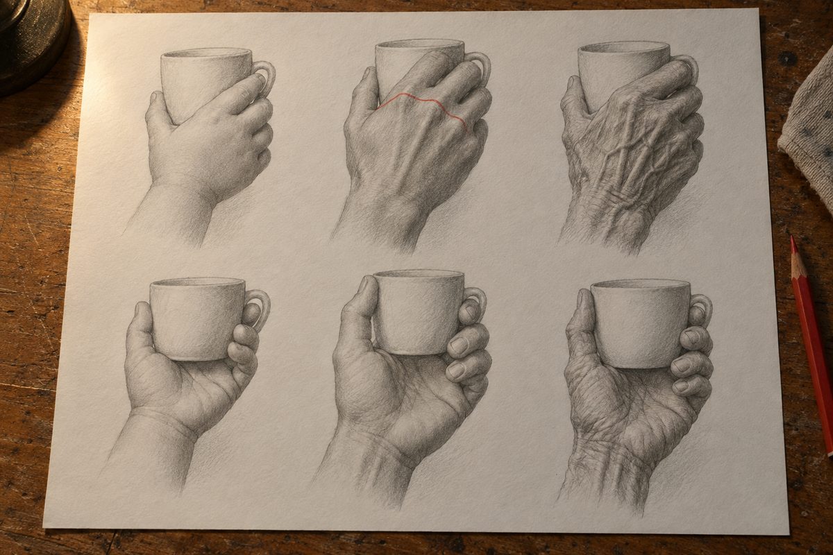 Six études de la même pose, une main tenant une tasse : en haut le dos de la main à trois âges, enfant, adulte et personne âgée ; en bas les mêmes vues côté paume, où les coussins charnus dominent