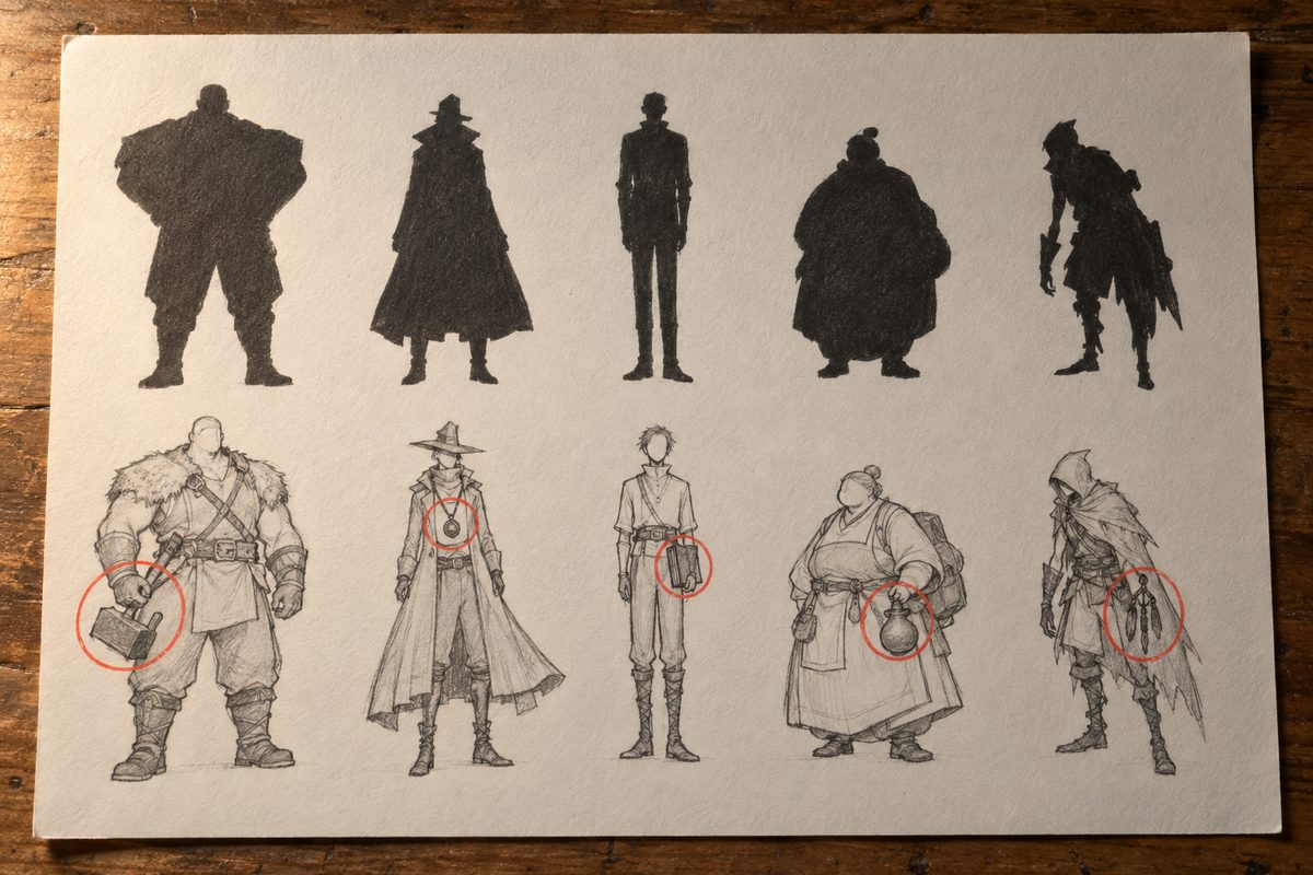 Planche de character design en deux rangées : cinq personnages inventés en silhouettes noires de formes nettement différentes, puis les mêmes en contour avec leur costume et un accessoire signature entouré en rouge