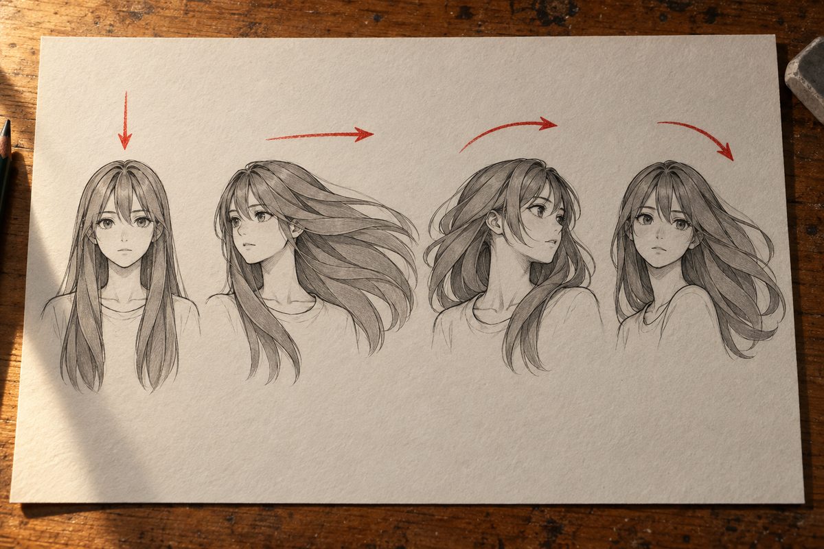 Quatre études de la même chevelure : au repos, prise par un vent latéral, en retard sur une tête qui tourne brusquement, puis retombant avec les pointes encore soulevées, avec la direction de la force tracée en rouge