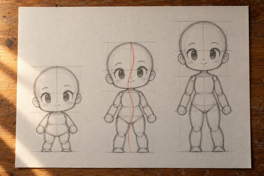 Trois constructions chibi du meme personnage a deux, deux et demi et trois tetes de hauteur, avec la ligne d action tracee en rouge