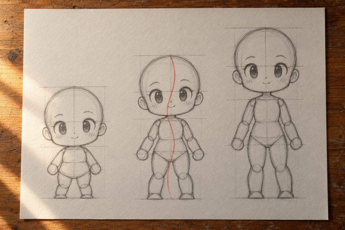 Trois constructions chibi du meme personnage a deux, deux et demi et trois tetes de hauteur, avec la ligne d action tracee en rouge