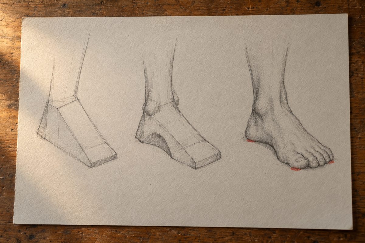 Trois etudes de pied au crayon : le bloc en coin, la voute creusee cote interieur, puis les orteils en eventail, avec les trois appuis marques en rouge