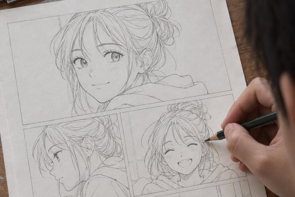 Dessin manga au crayon : Personnage manga à partir d’une photo : méthode au crayon