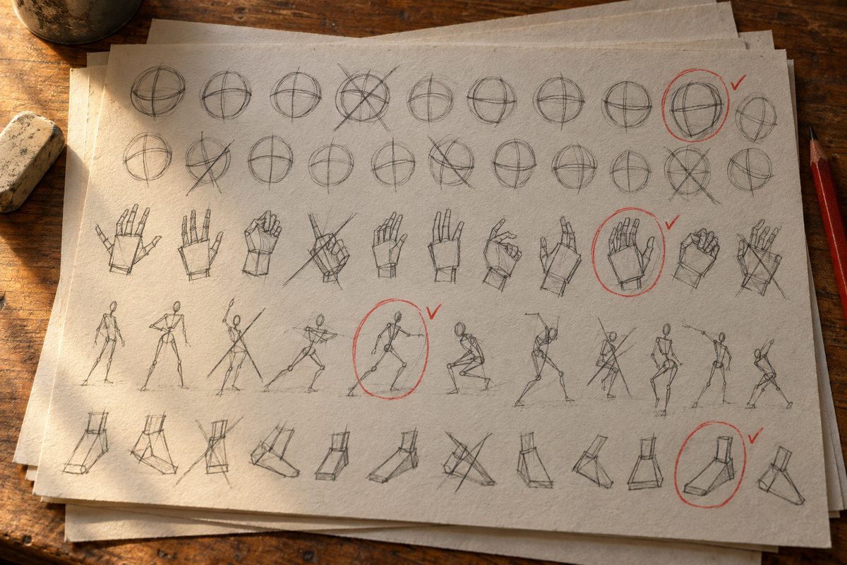 Feuille d entrainement couverte de petites etudes rapides au crayon : rangees de cercles avec axe et ligne des yeux, mains en blocs, poses en bonhomme fil de fer, pieds en coin ; trois etudes entourees au crayon rouge