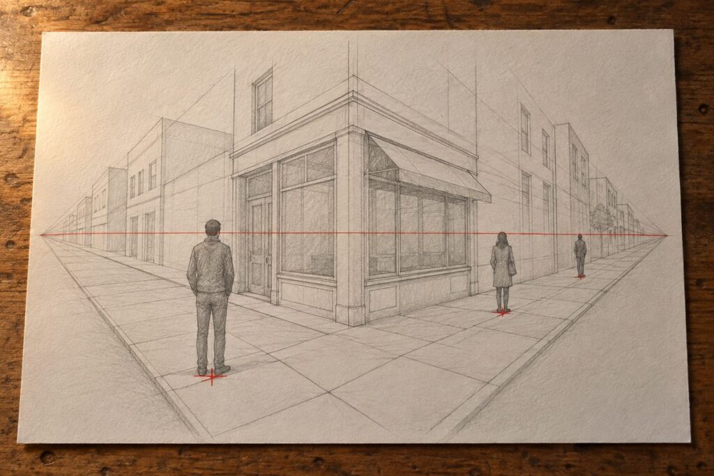 Coin de rue au crayon en perspective a deux points : la ligne d horizon tracee en rouge passe a hauteur des yeux des trois passants places a trois profondeurs, une croix rouge marque les pieds de chacun