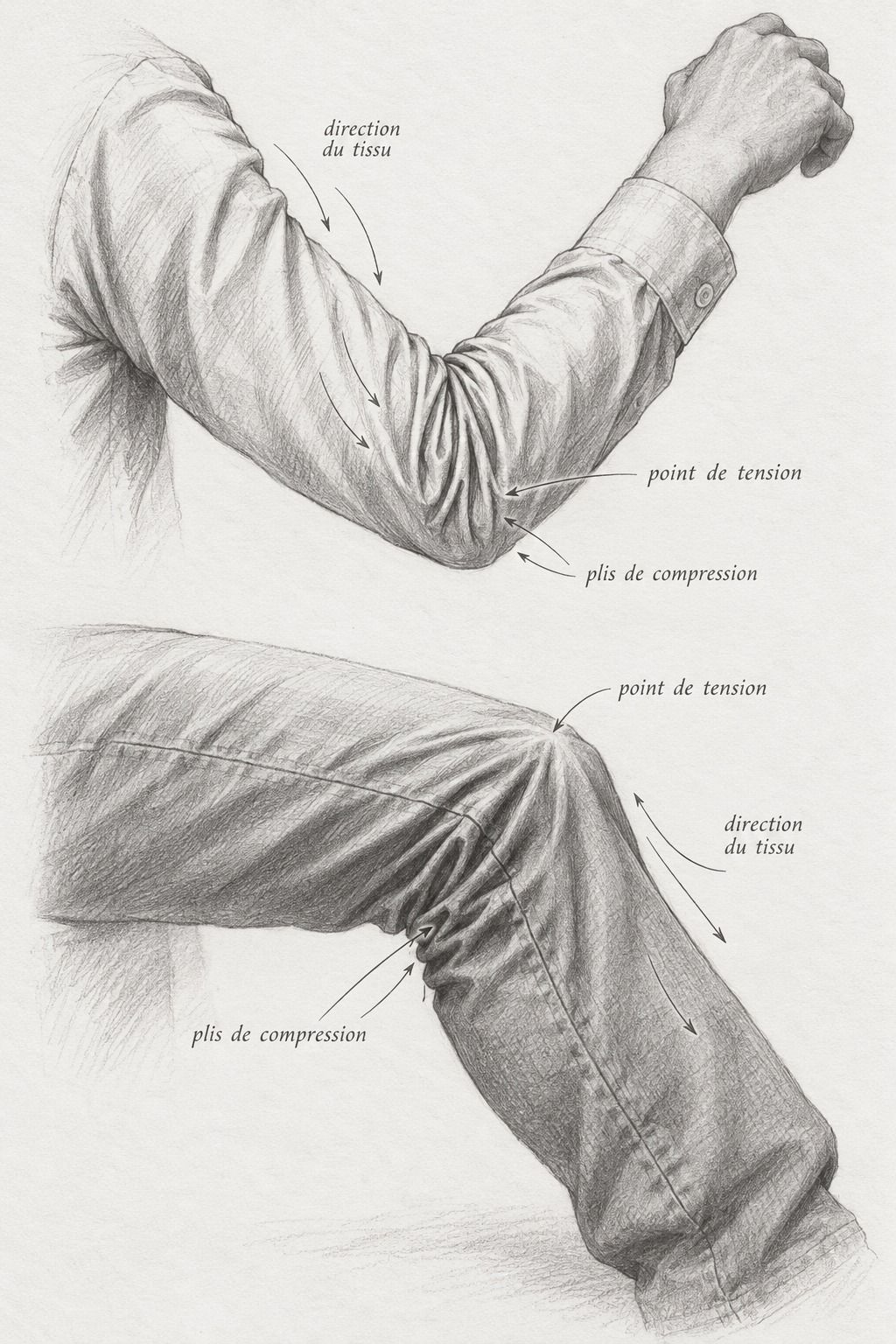 Dessine les plis qui partent des articulations