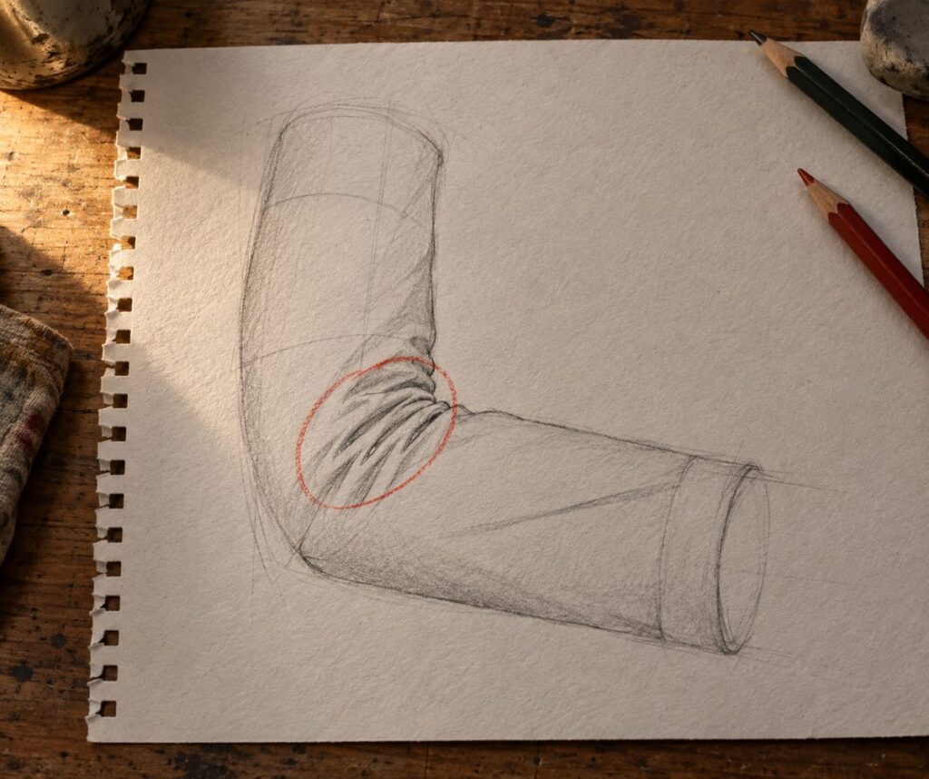 Etude d un coude plie : plis tasses a l interieur entoures au crayon rouge, manche presque lisse a l exterieur