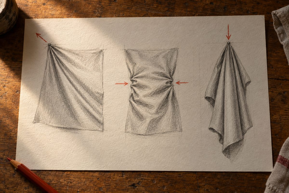 Trois etudes de tissu au crayon : plis de tension, plis de compression et plis tombants, avec les fleches de force en rouge