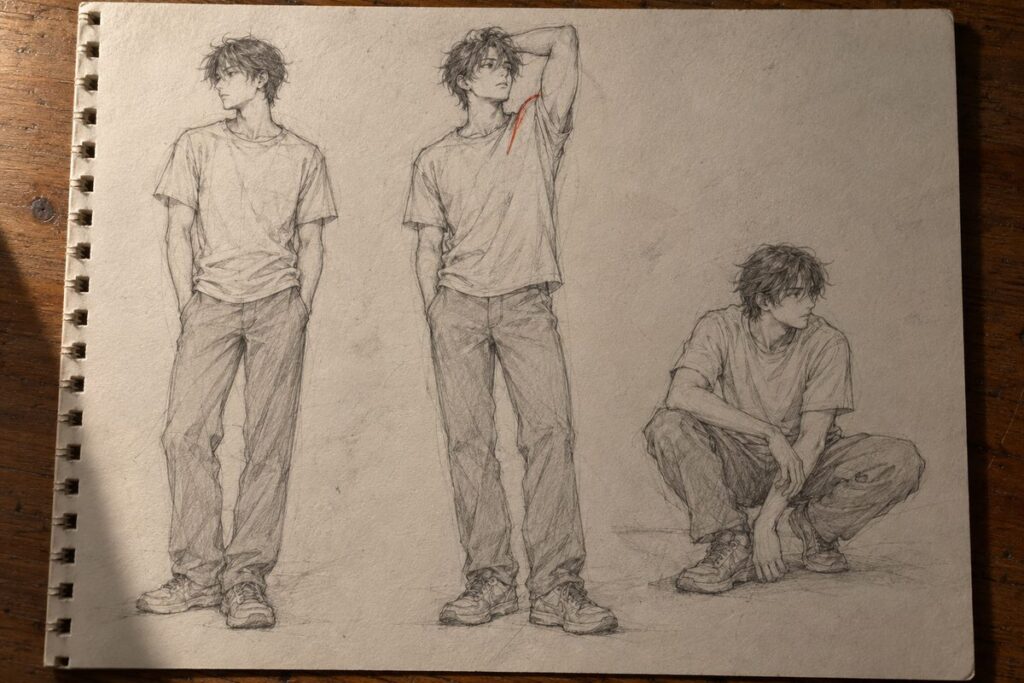 Le meme personnage en trois poses avec la meme tenue : debout, bras leve, accroupi, et des plis differents a chaque fois