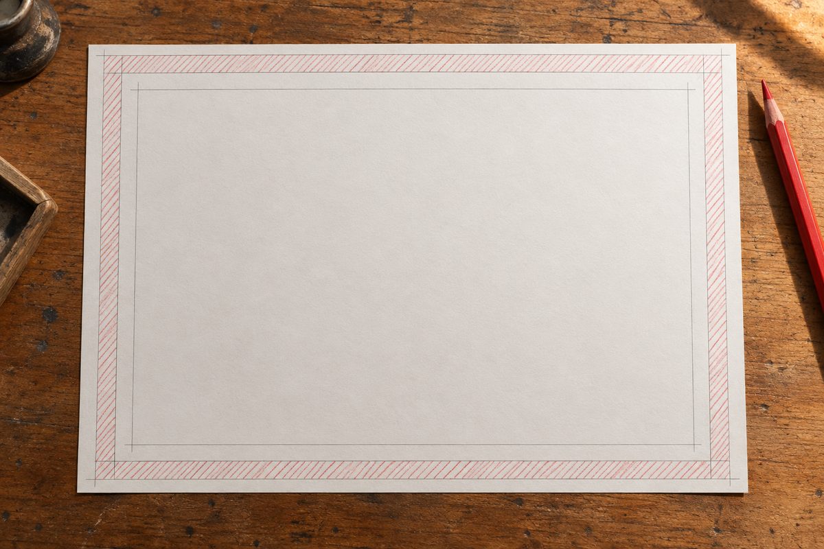 Une feuille de papier manga vierge portant trois rectangles de repère emboîtés, du bord extérieur vers le cadre intérieur, la bande à rogner hachurée en rouge tout autour