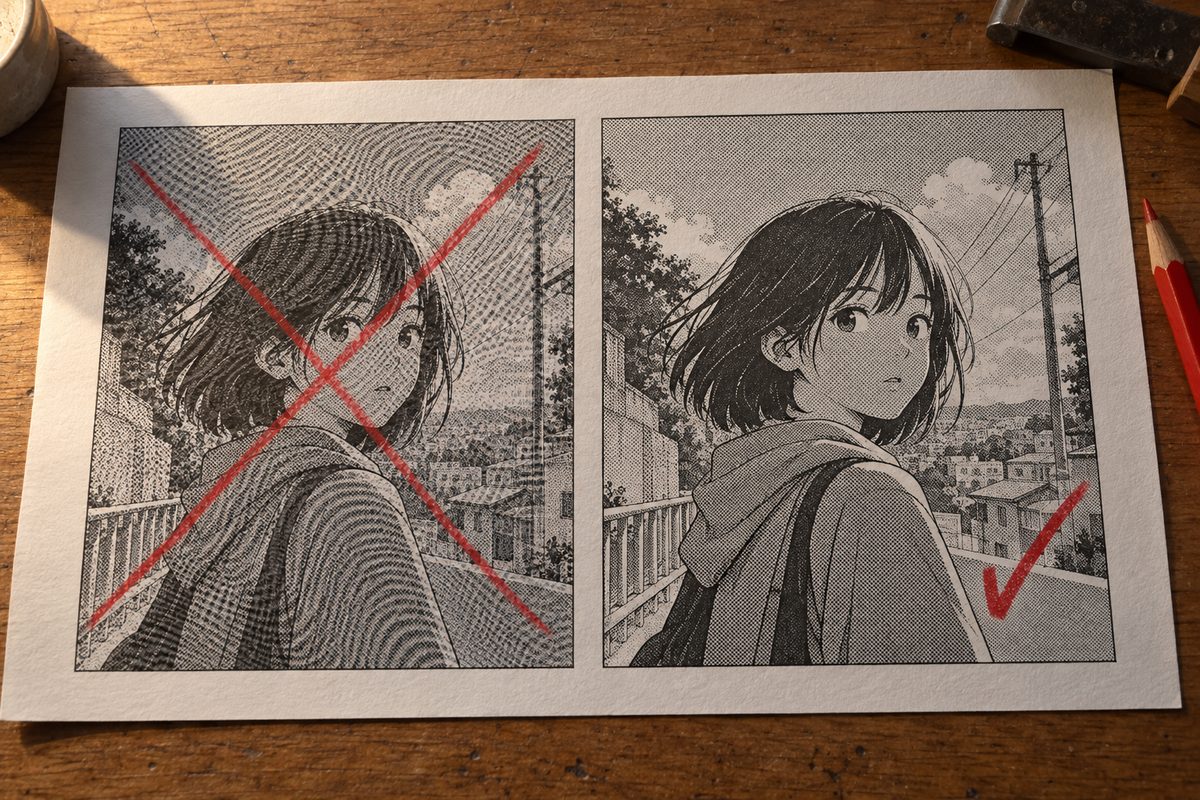 Deux fois la même case manga tramée : à gauche deux couches de trame superposées en biais produisent un motif parasite tourbillonnant, la case est barrée en rouge ; à droite une seule couche de trame donne une surface régulière, la case est cochée en rouge