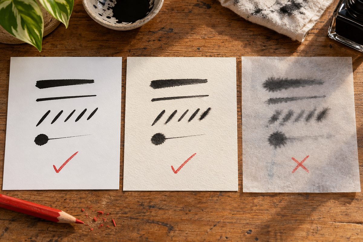 Trois feuilles portant les mêmes traits d'encre : sur les deux premières le trait reste net, cochées en rouge ; sur la troisième il a bavé en bords chevelus et traversé, barrée en rouge