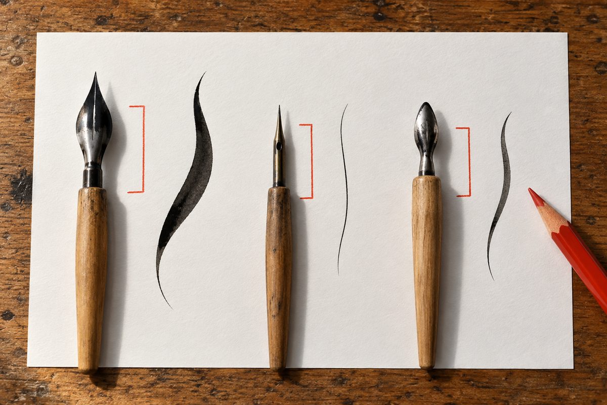 Trois plumes à dessin montées sur porte-plume, vues de dessus : une plume large et flexible, une minuscule plume ronde de type mapping, et une plume arrondie en cuillère, chacune accompagnée du trait qu'elle produit, reliée à son trait par un crochet rouge