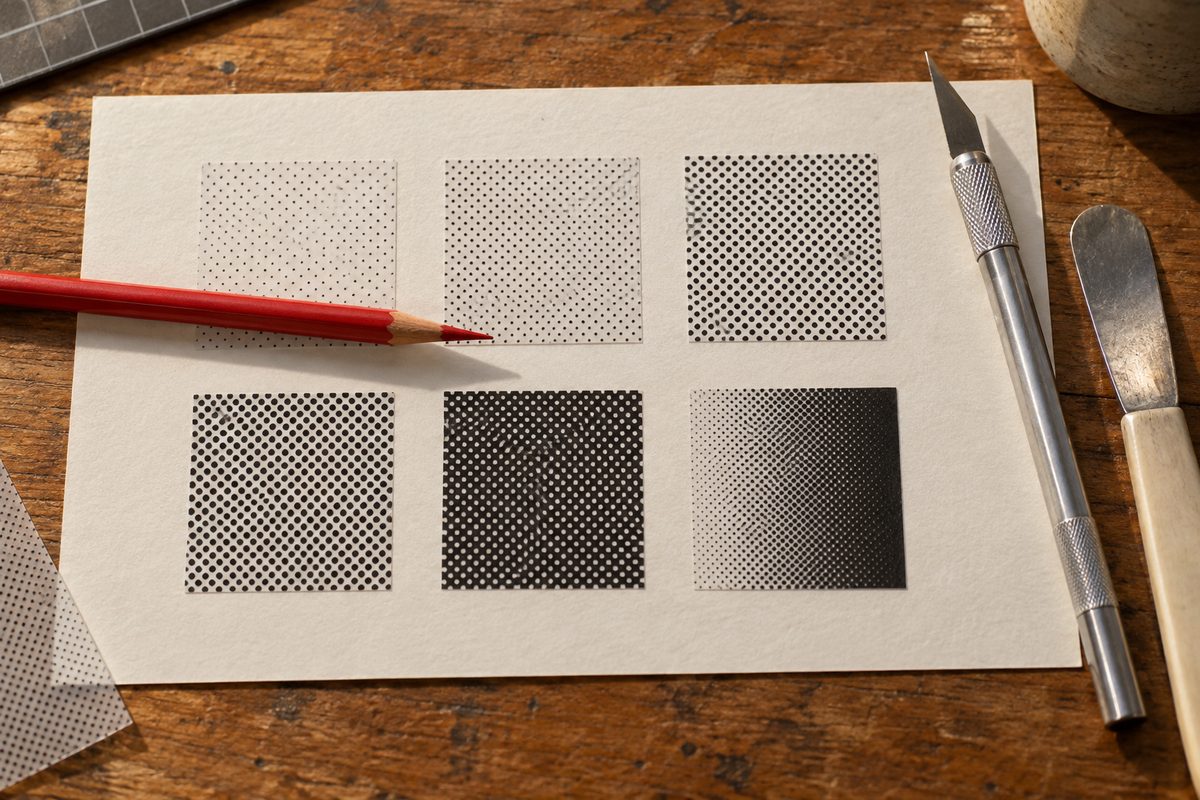 Six carrés de trame adhésive posés sur une feuille, du point très clair au plus dense, dont un carré en dégradé, avec un cutter, une spatule à brunir et un crayon rouge posés à côté