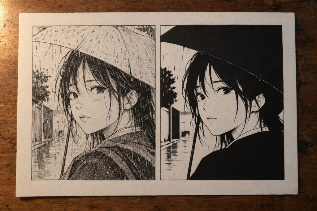 Deux versions de la meme case : a gauche un trait fin couvert de petites ombres eparpillees, a droite les cheveux et le parapluie fondus en une seule masse noire et le visage laisse blanc