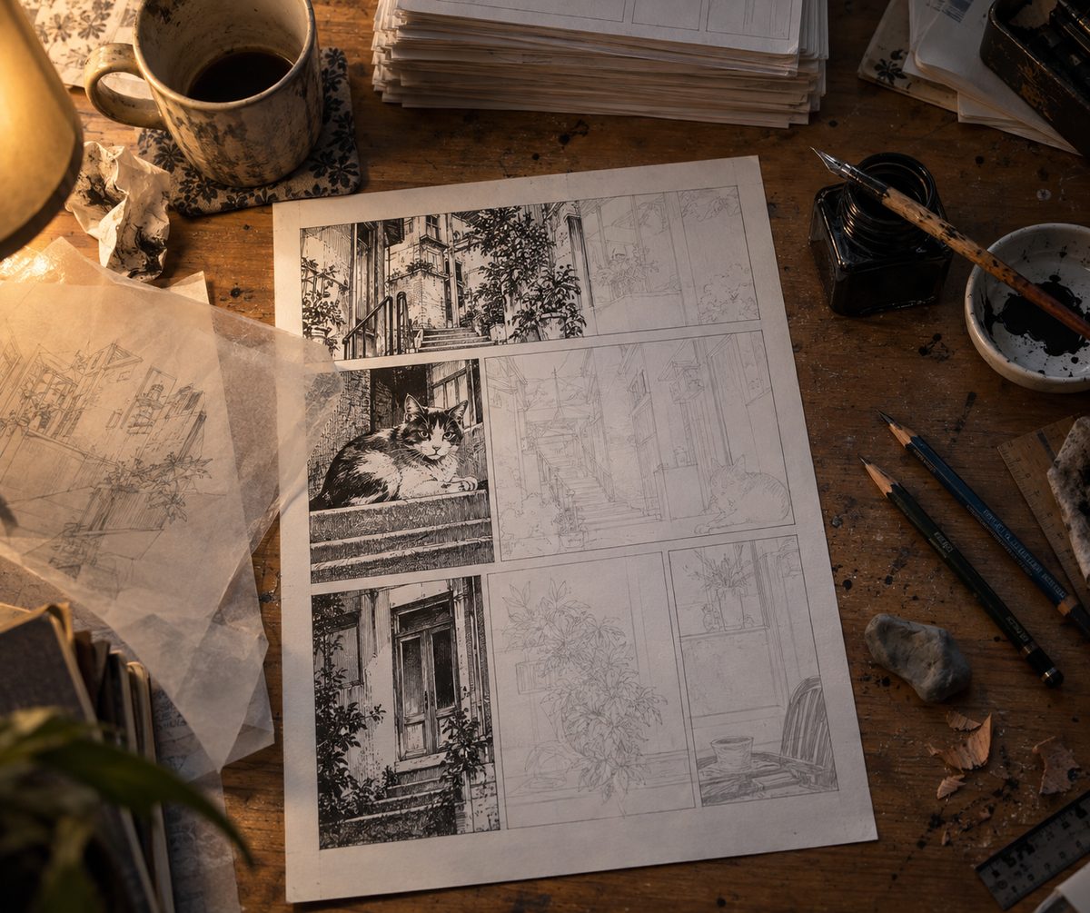 Bureau d un mangaka en fin de seance : une planche a moitie encree, les cases reglees au crayon, une plume posee en travers de l encrier et une pile de pages finies