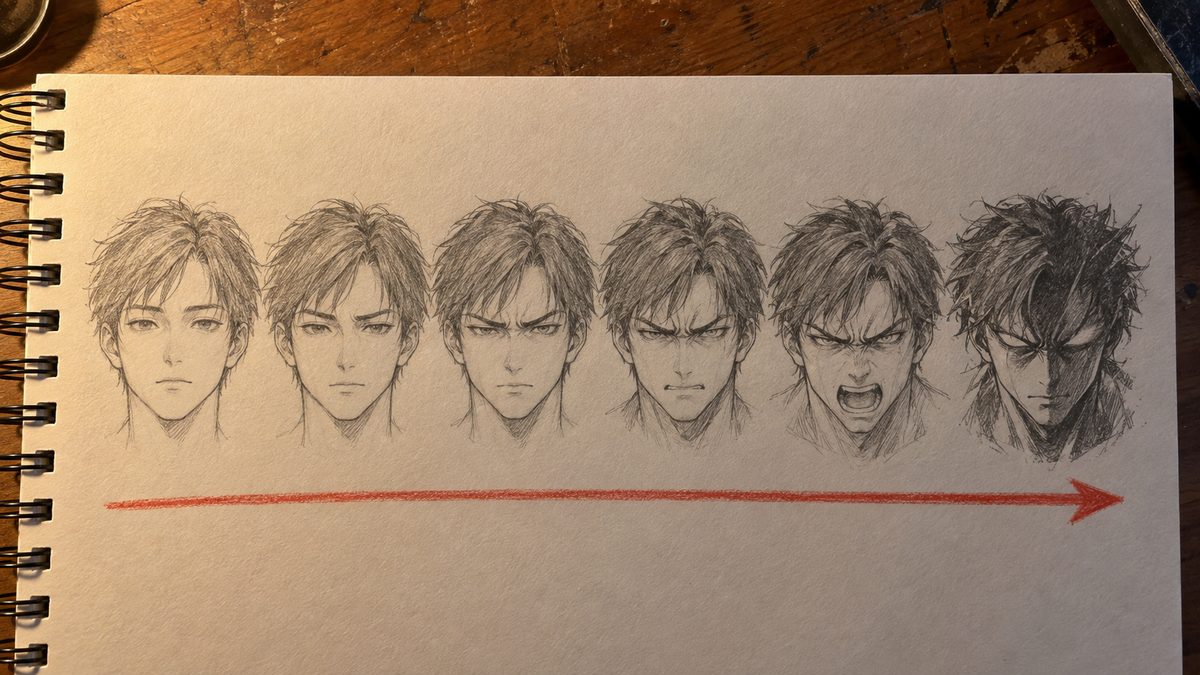 Le même visage manga dessiné six fois en une rangée, la colère montant progressivement du neutre à la version stylisée, une flèche rouge sous la rangée