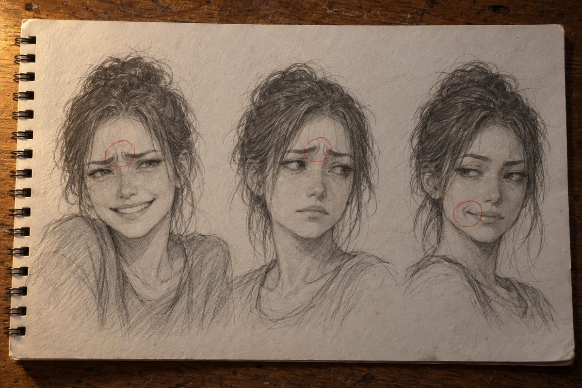 Trois visages manga aux émotions contradictoires : sourire aux sourcils tendus, tristesse retenue, demi-sourire asymétrique, le détail qui trahit entouré en rouge