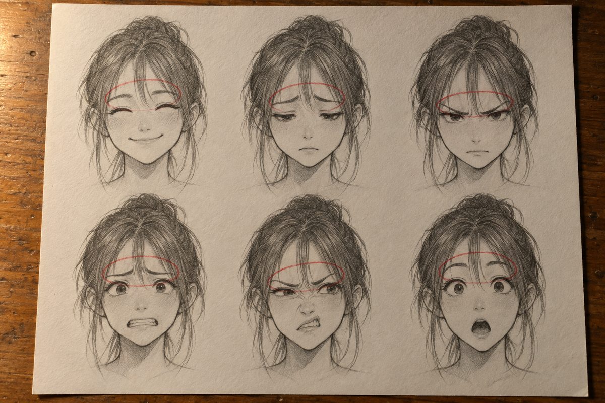 Six études du même visage manga, une par émotion de base : joie, tristesse, colère, peur, dégoût et surprise, les sourcils entourés en rouge sur chacune