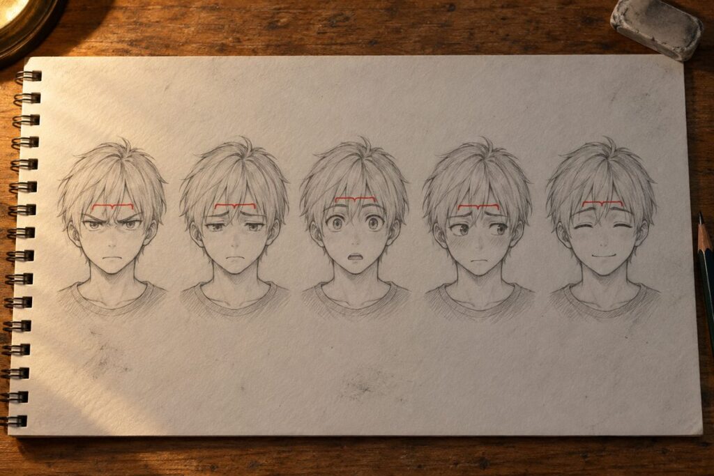 Le meme visage manga dessine cinq fois : seuls les sourcils, les paupieres, les iris et la bouche changent