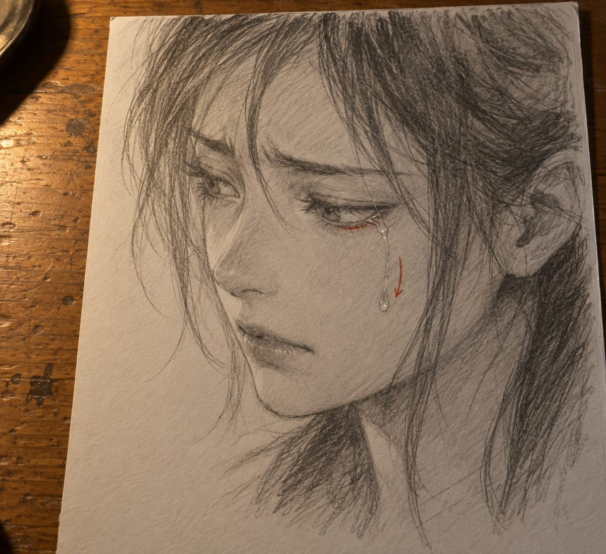 Visage manga de trois-quarts qui retient ses larmes : paupiere inferieure soulignee au crayon rouge, une seule larme suivant la joue