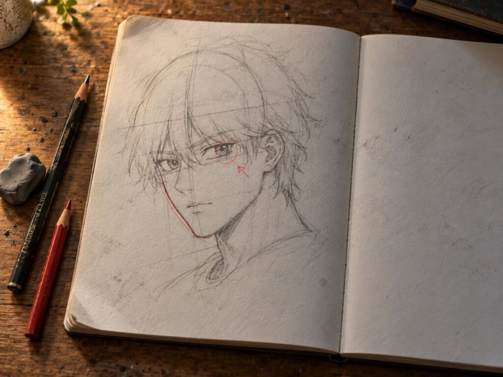 Page de carnet ouverte : un visage manga au crayon, traits de construction visibles, corrigé au crayon rouge