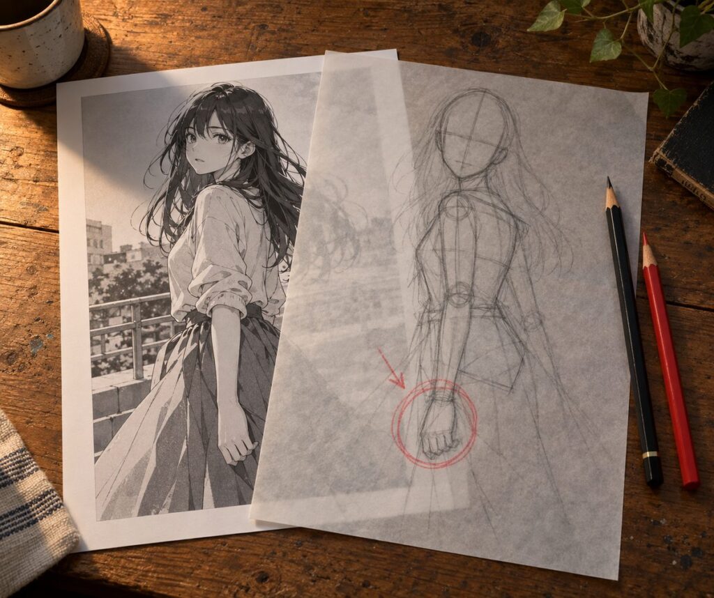 Une illustration imprimee recouverte d un calque ou la construction a ete redessinee au crayon, la main du personnage entouree au crayon rouge