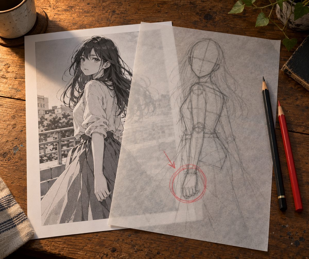 Une illustration imprimee recouverte d un calque ou la construction a ete redessinee au crayon, la main du personnage entouree au crayon rouge