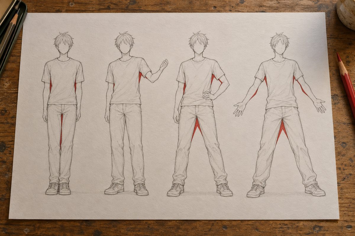 Quatre fois le même personnage debout, les espaces vides entre bras et torse et entre les jambes remplis en rouge, de plus en plus larges à mesure que la pose s'ouvre
