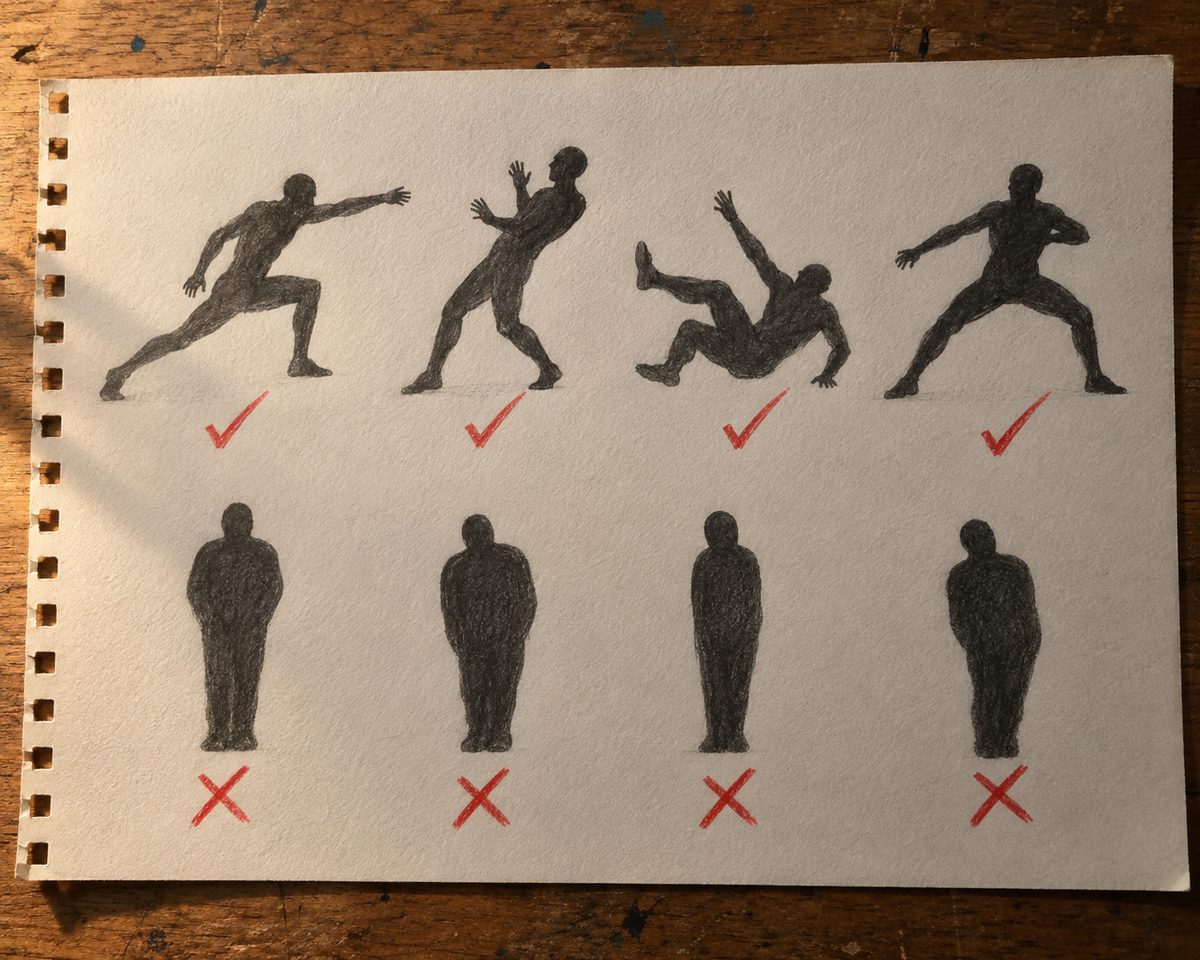 Test de silhouette : quatre poses en aplat noir parfaitement lisibles cochées en rouge, quatre silhouettes compactes et illisibles barrées en rouge