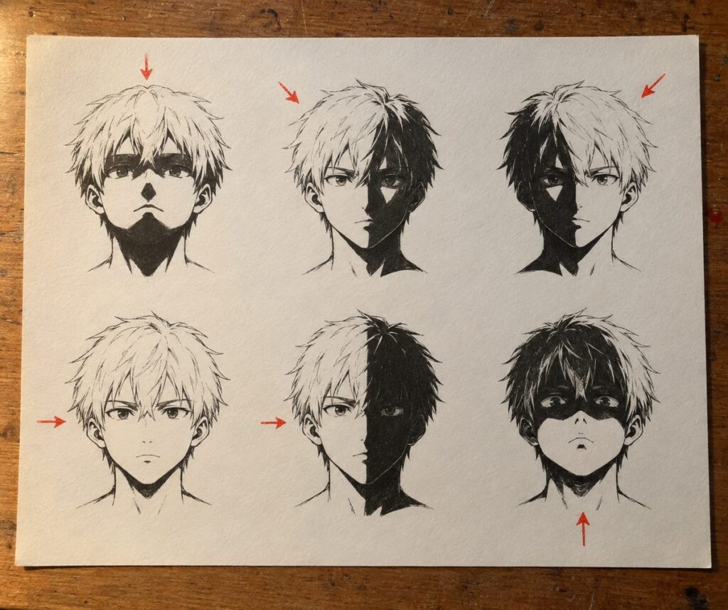 Six fois la meme tete manga ombree en deux valeurs seulement, blanc du papier et noir plein, chacune eclairee depuis une direction differente marquee par une fleche rouge
