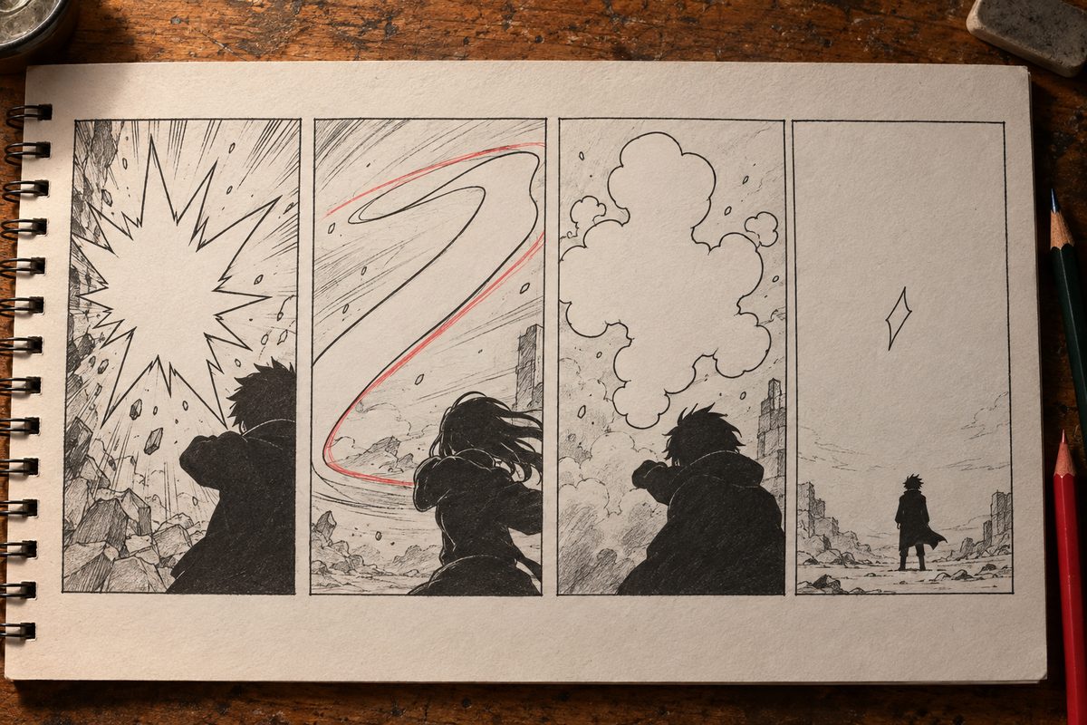 Quatre cases : une forme de son en etoile eclatee, un ruban etire trace en rouge, un nuage mou, et un petit signe isole dans du vide, chacune masquee en partie par la silhouette du personnage