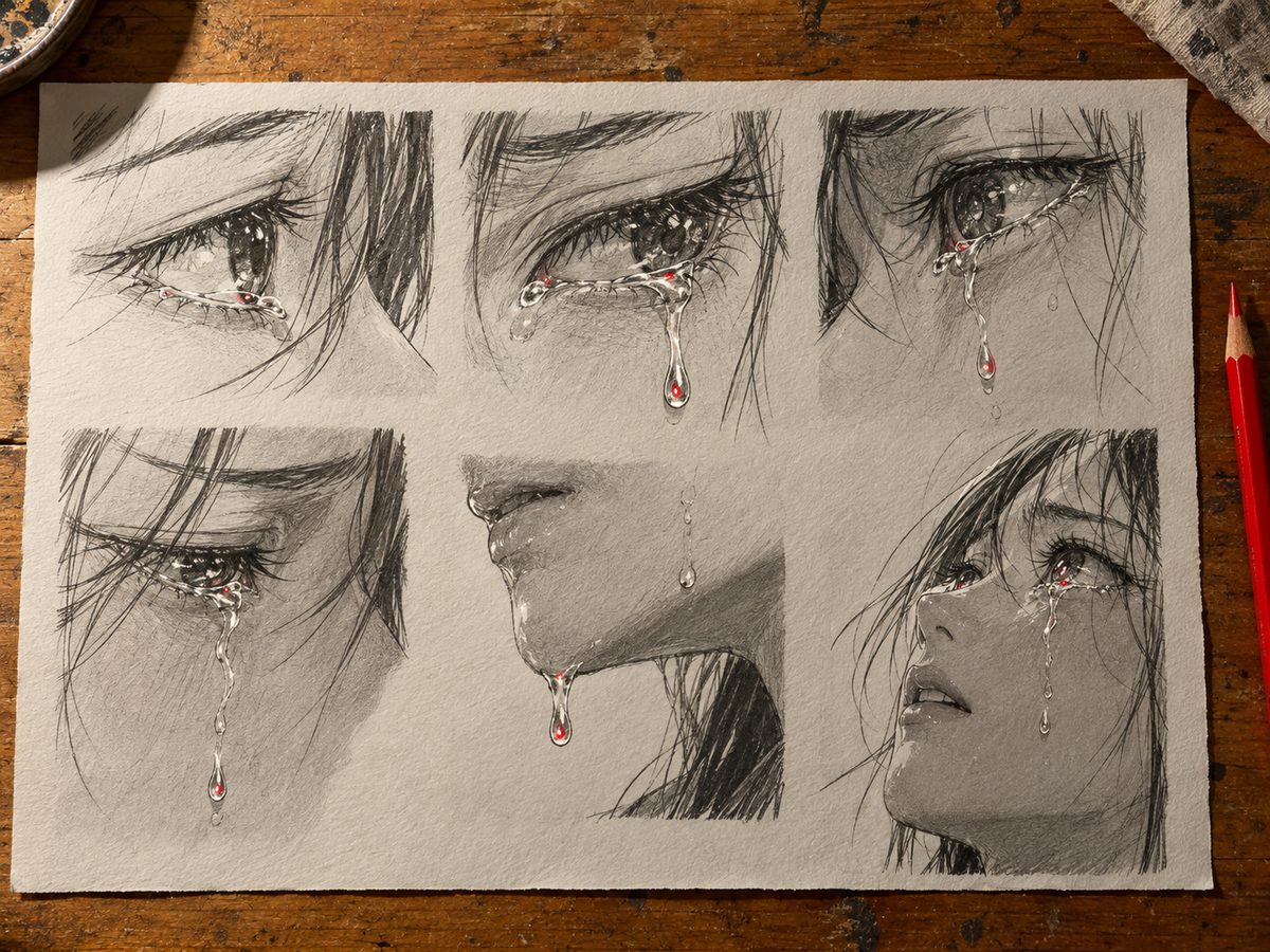 Planche de détail sur les larmes manga : formation au coin interne de l'œil, gonflement sur la paupière basse, trace irrégulière sur la joue et goutte suspendue à la mâchoire, avec le reflet marqué en rouge