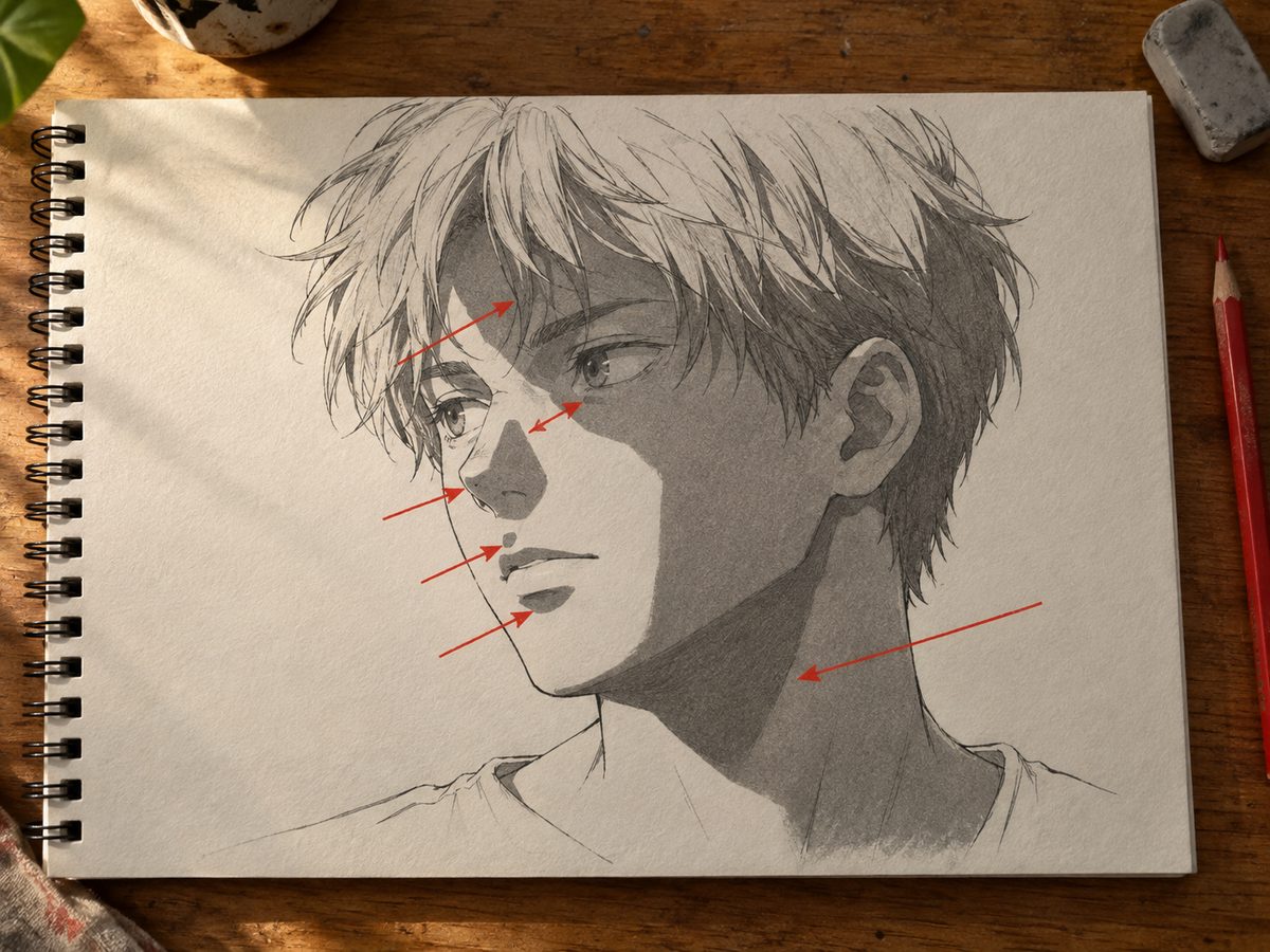 Un visage manga de trois-quarts en ombrage à deux valeurs, des flèches rouges désignant chaque forme d'ombre : ombre de la frange, orbite, côté du nez, sous le nez, sous la lèvre et sous la mâchoire