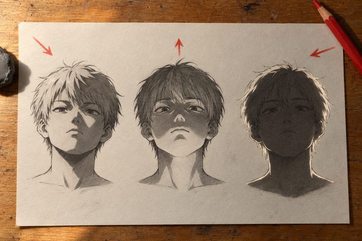 Trois têtes manga identiques en ombrage à deux valeurs : éclairée d'en haut, éclairée d'en bas avec les ombres qui remontent, et à contre-jour avec un simple liseré clair sur le contour