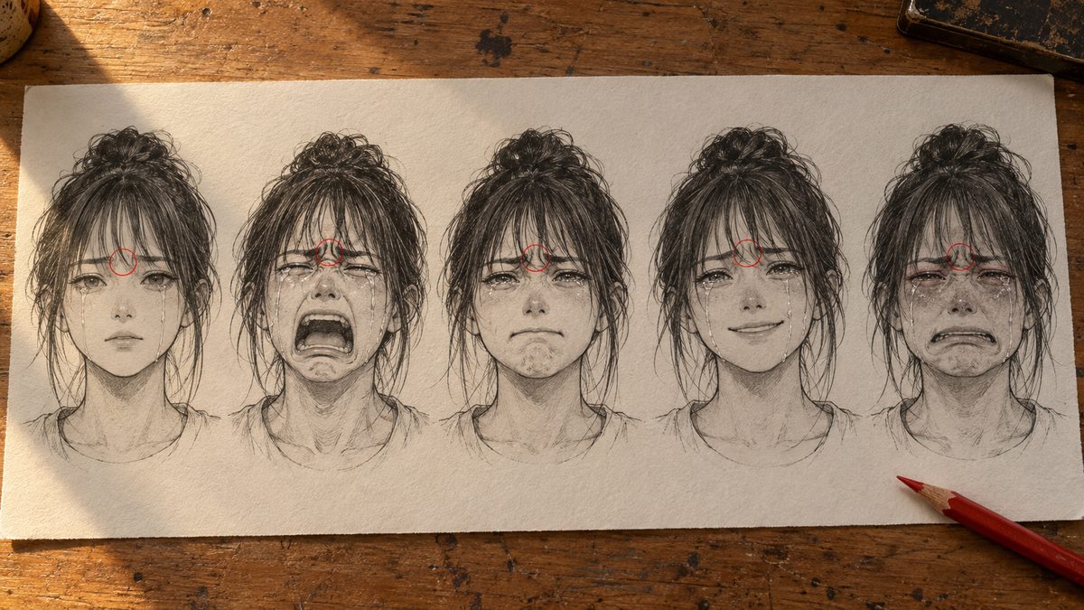 Cinq études du même visage manga en une rangée : larmes silencieuses, effondrement, retenue, sourire en larmes et pleurs incontrôlés, le coin interne des sourcils entouré en rouge sur chacun