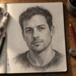 Autoportrait au crayon sur un carnet ouvert : un homme aux cheveux courts, traits de construction encore visibles et une correction au crayon rouge sur la ligne de la machoire