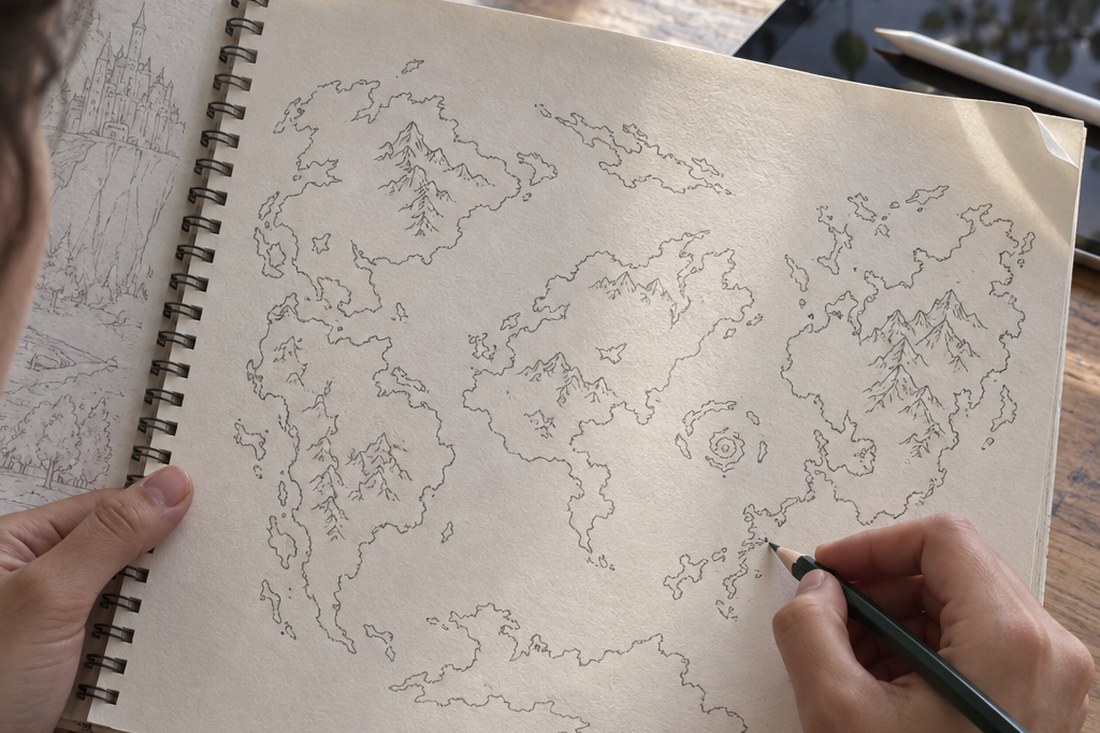 Dessin manga au crayon : carte et repères d'un univers de fiction esquissés au crayon