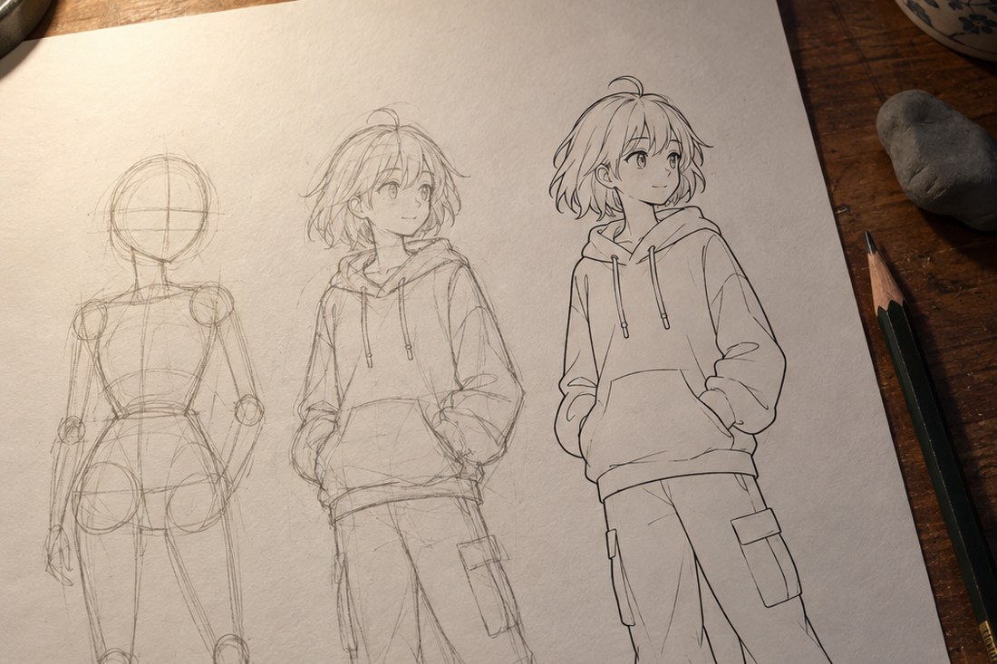 Dessin manga au crayon : scène de vie quotidienne dans un décor de fiction