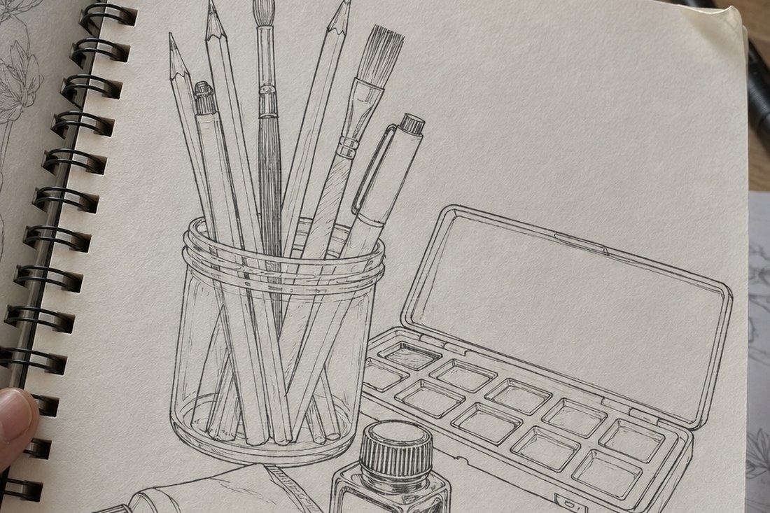 Dessin manga au crayon : le poste de travail, tablette et carnet côte à côte