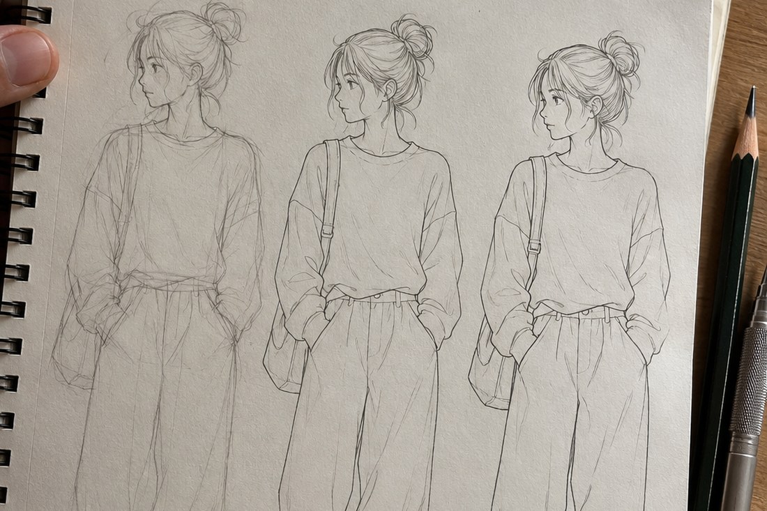 Dessin manga au crayon : le matériel de base posé sur la table de travail
