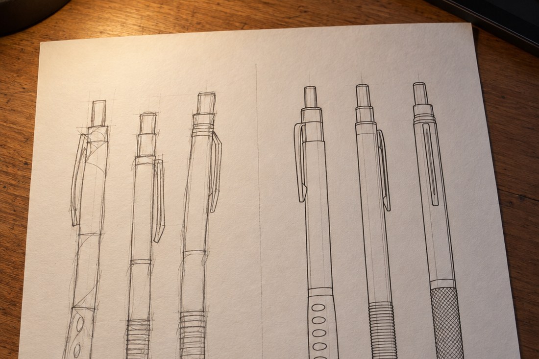 Dessin manga au crayon : outils d'encrage alignés, plume, porte-plume et feutre pinceau