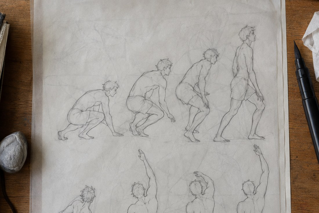 Dessin manga au crayon : construction manga : reprends une pose dans cet ordre