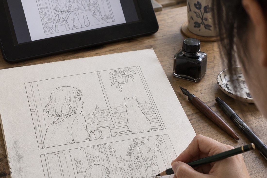 Dessin manga au crayon : planche manga : préserve l’action entre les cases