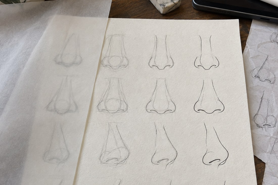 Dessin manga au crayon : plusieurs types de nez manga alignés, du plus simplifié au plus construit